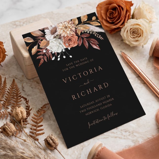 Terracotta Flowers Boho Fall Foliage Black Wedding Save The Date (Creator Uploaded)