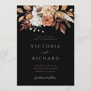 Terracotta Flowers Boho Fall Foliage Black Wedding Save The Date