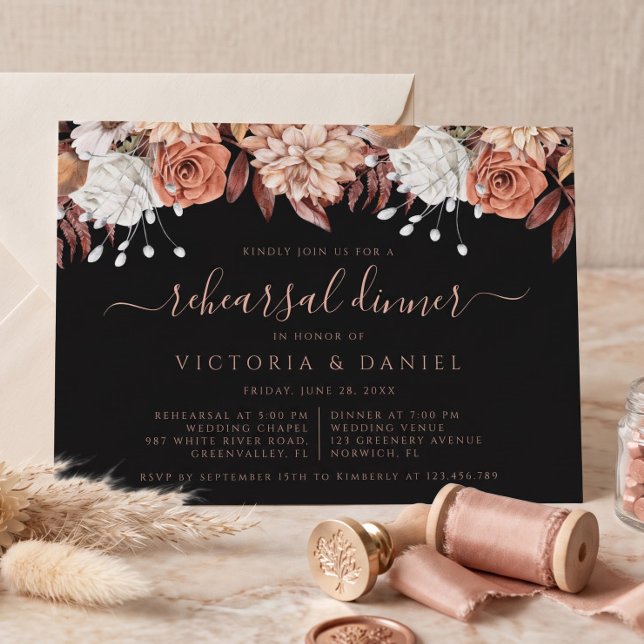 Terracotta Flowers Fall Black Rehearsal Dinner Invitation (Creator Uploaded)