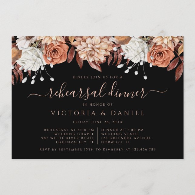 Terracotta Flowers Fall Black Rehearsal Dinner Invitation (Front)