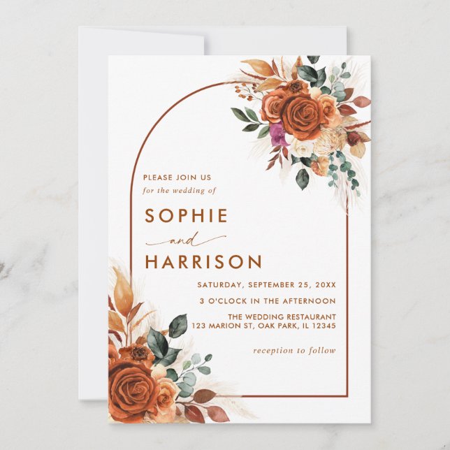 Terracotta Flowers Pampas Grass All In One Wedding Invitation (Front)
