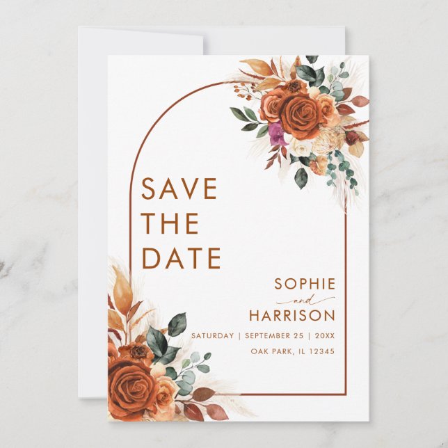 Terracotta Flowers Pampas Grass Rust Save The Day Invitation (Front)