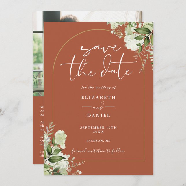 Terracotta Foliage Gold Arch Photo QR Code Wedding Save The Date (Front/Back)