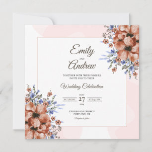 Terracotta Frame Floral Watercolor Square Wedding Invitation