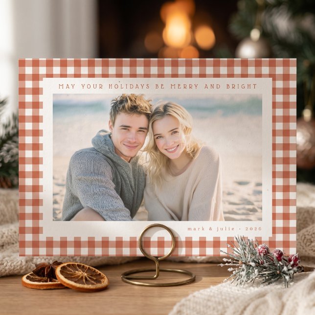 Terracotta Gingham Frame Holiday Photo Card (Simulated card on mantel)