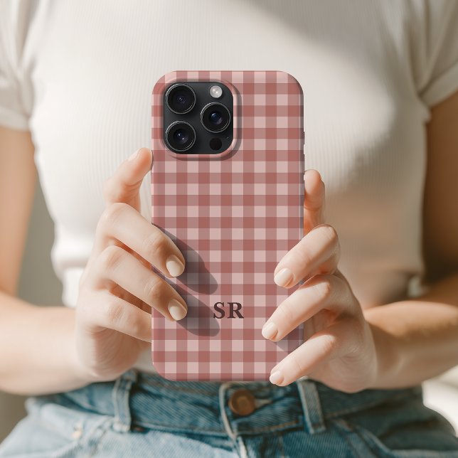 Terracotta Gingham Monogram Mum Grandma Initial iPhone Case (best friend gifts, gift for coworker, daughter birthday gift, wife appreciation gift, wedding gift)