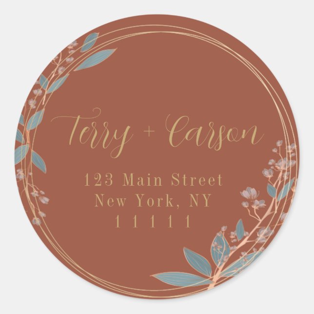 Terracotta Gold Floral Round Return Address Label  (Front)