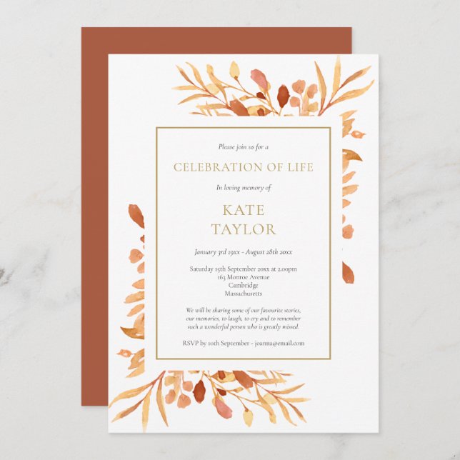 Terracotta Gold Foliage Celebration of Life Invitation (Front/Back)