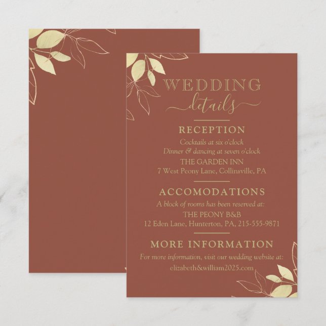Terracotta & Gold Foliage Modern Botanical Wedding Enclosure Card (Front/Back)