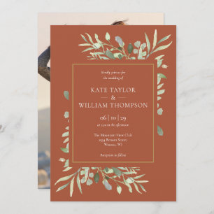 Terracotta Gold Foliage Photo Wedding Invitation