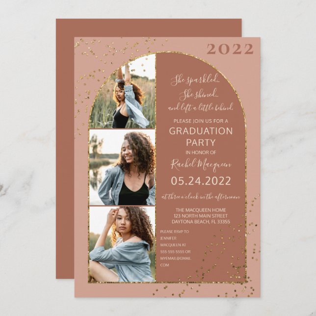 Terracotta Gold Glitter Confetti Photo Graduation Invitation (Front/Back)