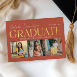 Terracotta Gold Graduate Photo Collage Grad Party<br><div class="desc">Celebrate your graduate with this bold and vibrant graduation party invitation featuring "Graduate" in gold foil alongside a three-photo collage on a warm terracotta background. The back displays "Grad Party" event details in coordinating terracotta serif and script typography on white. All text is fully customizable, including the graduate's name, school,...</div>