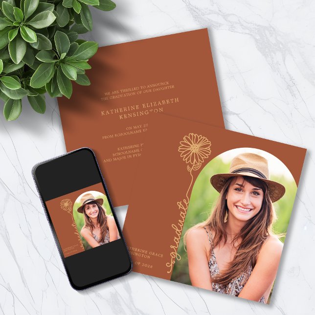 Terracotta Gold Handwritten Floral Arch Graduation Invitation (Terracotta Gold Handwritten Floral Square Graduation Invitation Announcement Invitation Download)