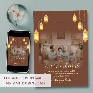 Terracotta Gold Lanterns Family Photo Eid Mubarak  Holiday Card