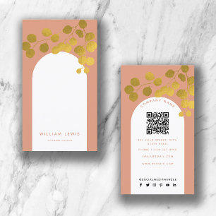 Terracotta Gold Leaves Modern Arch QR Code  Business Card