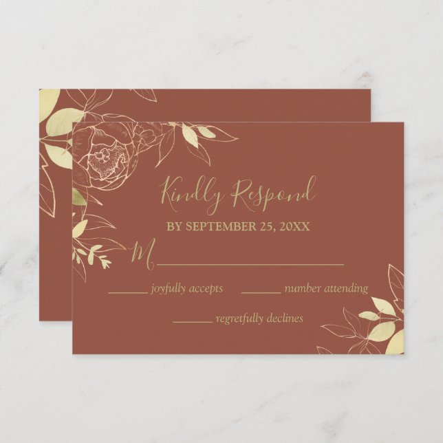 Terracotta & Gold Peony Floral Wedding RSVP Card (Front/Back)