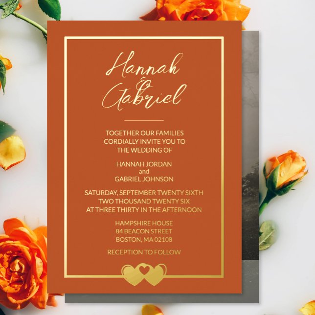 Terracotta Gold Photo Wedding Foil Invitation (The front and back of the Terracotta Gold Photo Foil Wedding Invitation)