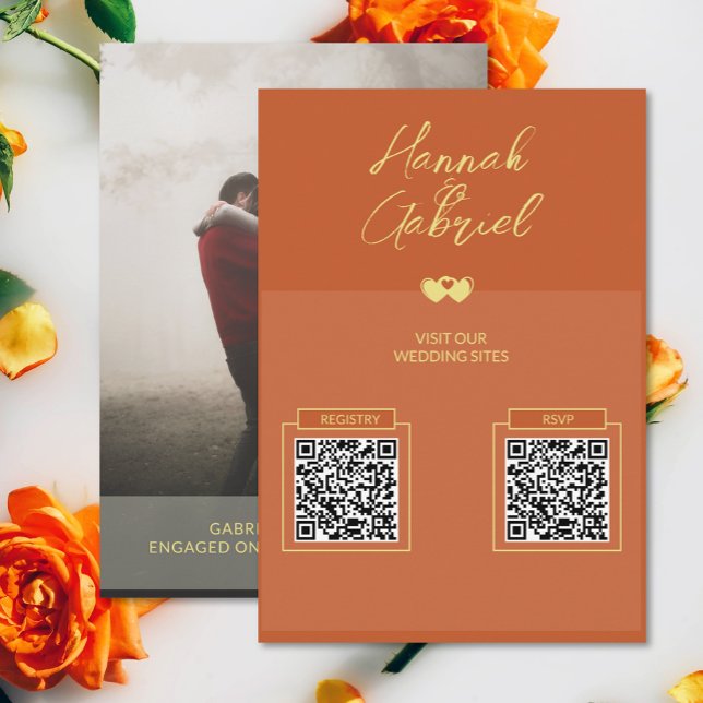 Terracotta Gold Photo Wedding QR Cd Enclosure Card (The front and back of the Terracotta Gold wedding enclosure QR code card)