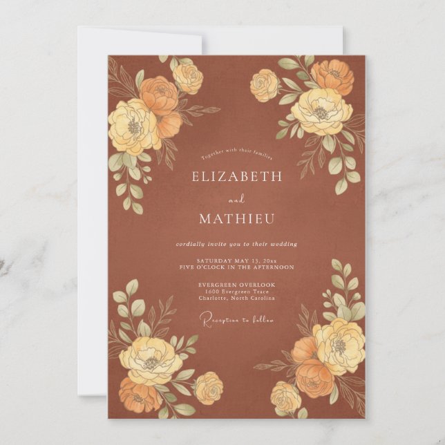Terracotta Gold Ranunculus Eucalyptus Wedding Invitation (Front)