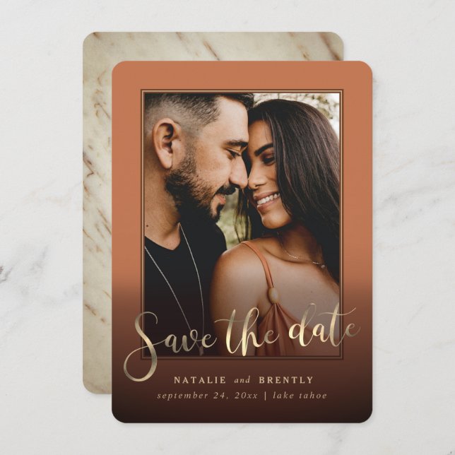 Terracotta Gold Script & Marble Photo Overlay Save The Date (Front/Back)