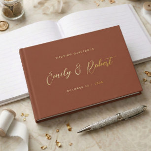 Terracotta Gold Script Modern Photo Wedding Guest Book