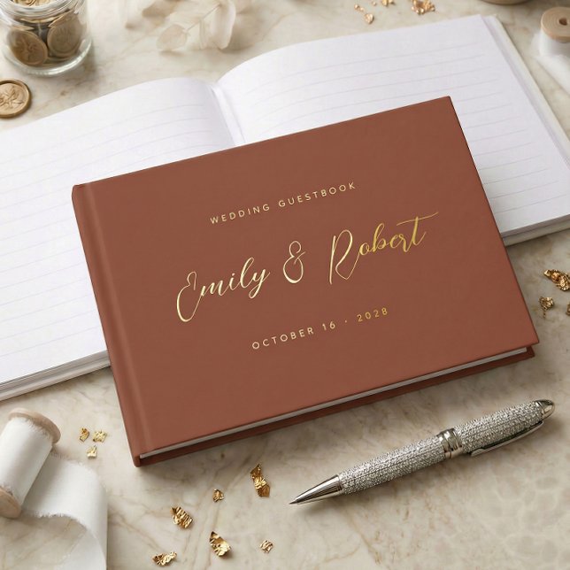 Terracotta Gold Script Modern Photo Wedding Guest Book (Creator Uploaded)