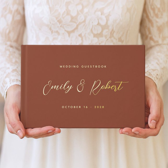 Terracotta Gold Script Modern Photo Wedding Guest Book (Creator Uploaded)
