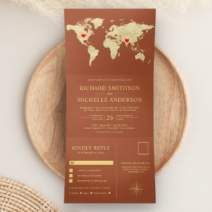 Terracotta Gold World Map All in One Wedding Tri-Fold Invitation