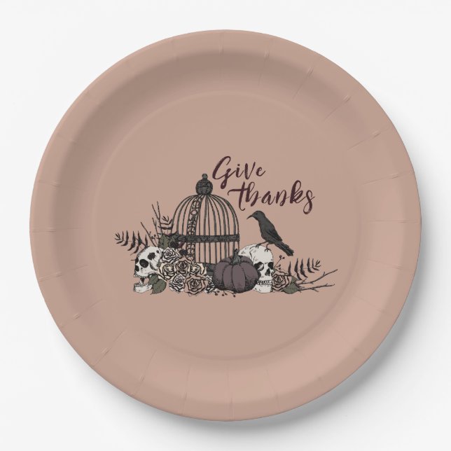 Terracotta Gothic Skulls Give Thanks Dinner Party Paper Plate (Front)