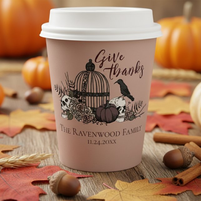 Terracotta Gothic Skulls & Roses Give Thanks Fall Paper Cups (Fall Terracotta Give Thanks Gothic Thanksgiving Paper Cups. Vintage Skull, Birdcage, Pumpkin & Rose)