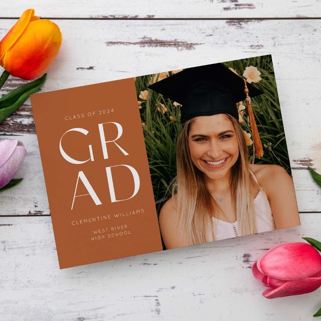 Terracotta Grad Block Modern Photo Graduation Invitation (Creator Uploaded)