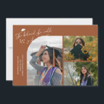 Terracotta Graduate She Believed Multi Photo Announcement<br><div class="desc">Modern and whimsical graduation announcement photo card featuring 3 photos on the front and 1 on the back. The text says "She believed she could so she did" with twinkling stars. Add the graduate's name,  information,  and message to personalize this card. Terracotta.</div>