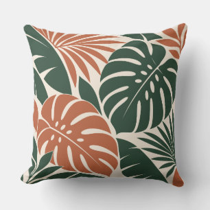 Terracotta Green Tropical Leaf Silhouette Cushion