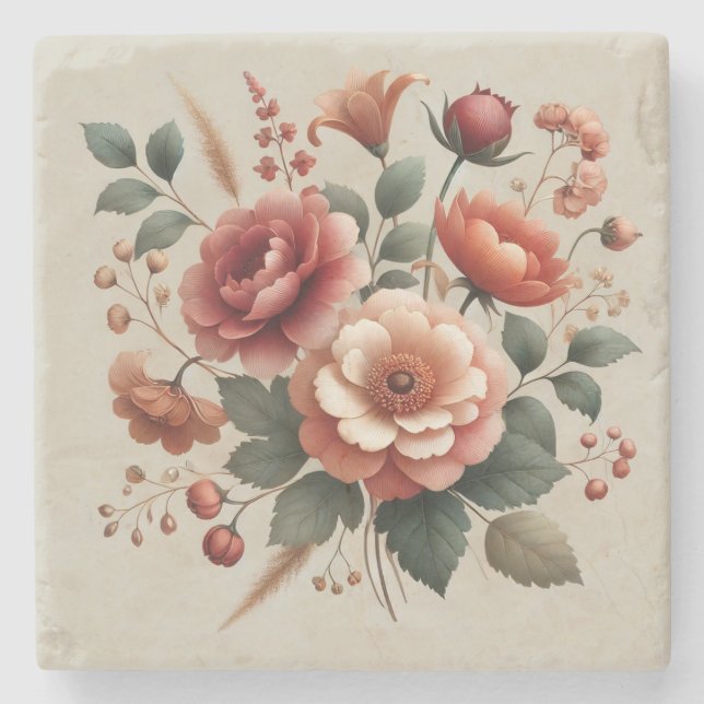 Terracotta Green Watercolor Floral Spring Summer Stone Coaster (Front)