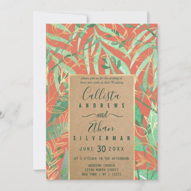 Terracotta Green Watercolor Leaves Kraft Wedding Invitation (Front)