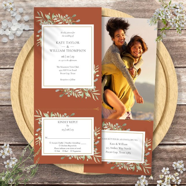Terracotta Greenery All In One Photo Wedding Invitation (Terracotta Greenery All In One Photo Wedding Invitation)