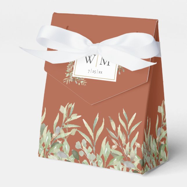 Terracotta Greenery Foliage Monogram Wedding Favour Box (Front Side)