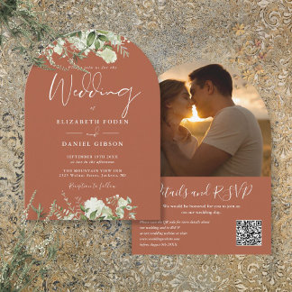 Terracotta Greenery QR Code Photo Arch Wedding Invitation
