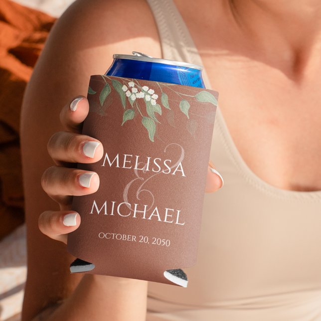 Terracotta Greenery Script Wedding Custom Can Cooler (Terracotta floral greenery wedding can cooler. )