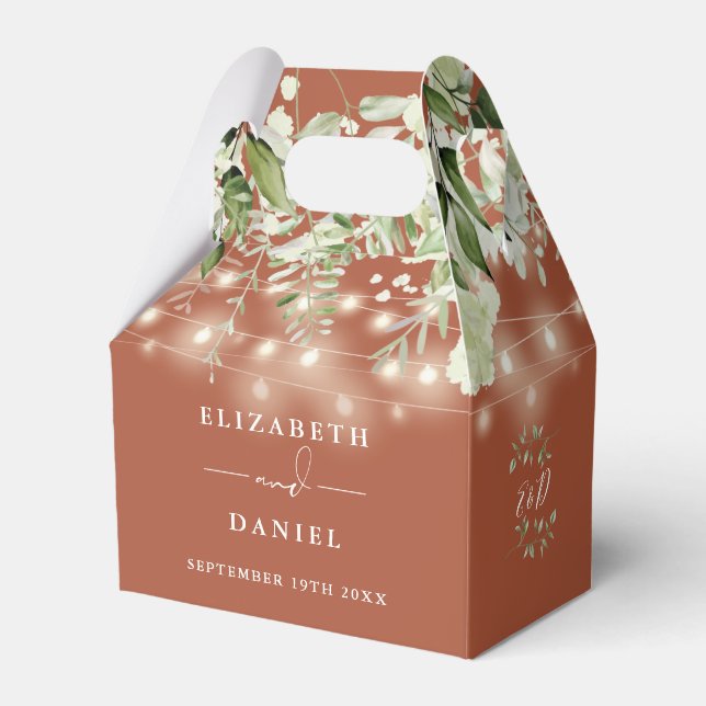 Terracotta Greenery String Lights Monogram Wedding Favour Box (Front Side)