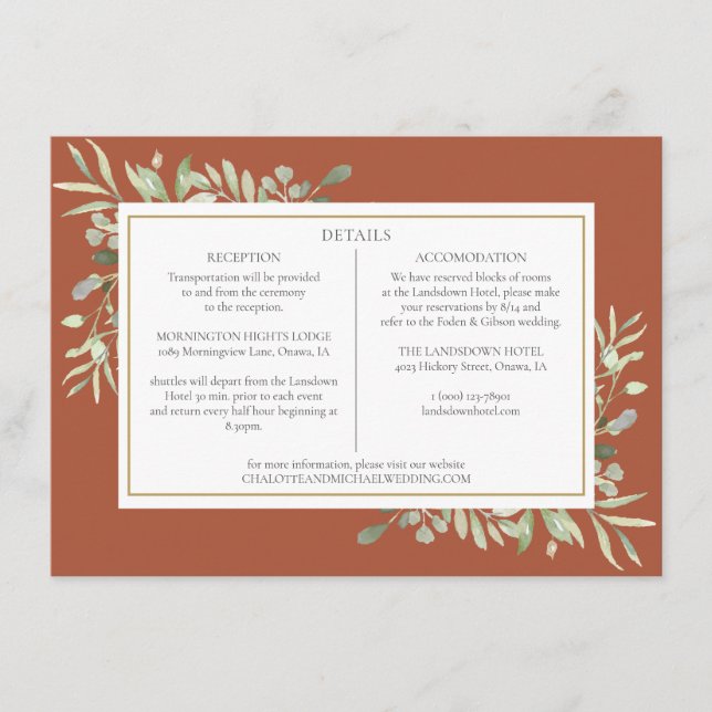 Terracotta Greenery Wedding Details Information Enclosure Card (Front)