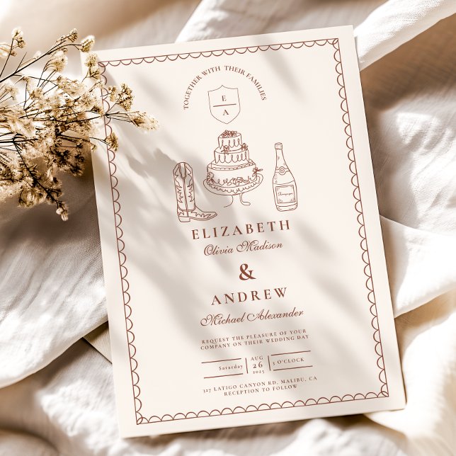 Terracotta Hand Drawn Funky Western Doodle Wedding Invitation (Creator Uploaded)