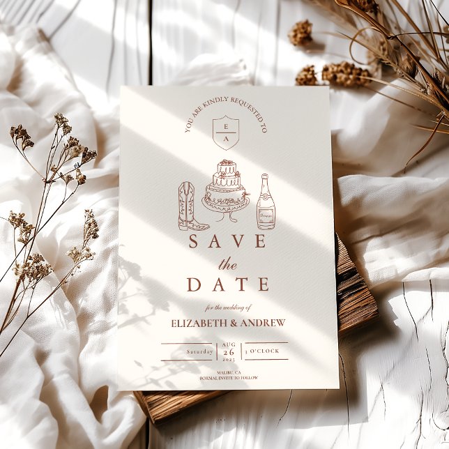 Terracotta Hand Drawn Funky Western Doodle Wedding Save The Date (Creator Uploaded)