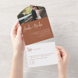 Terracotta Handwriting Typography Photo Wedding All In One Invitation
