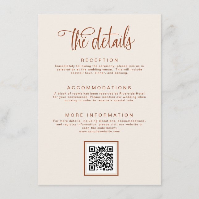 Terracotta Handwritten Calligraphy Wedding Details Enclosure Card (Front)