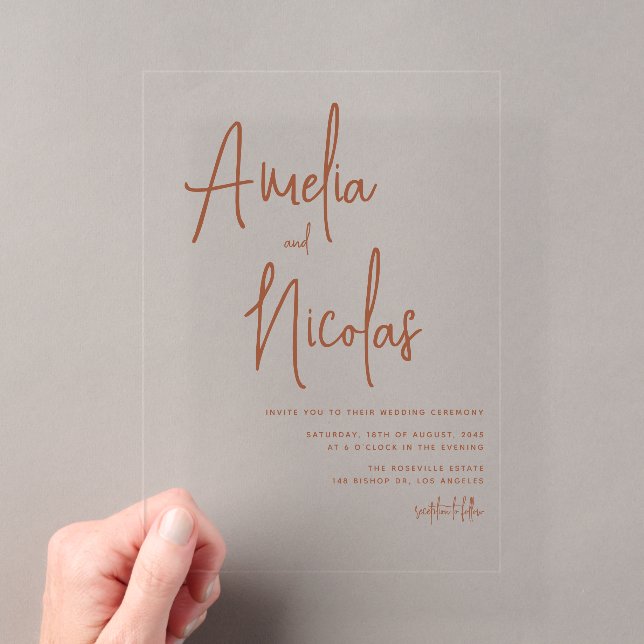 Terracotta Handwritten Script Minimalist Wedding Acrylic Invitations (Insitu (Handheld))