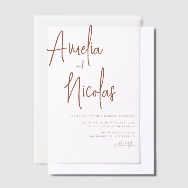 Terracotta Handwritten Script Minimalist Wedding Vellum Invitations (Offset)