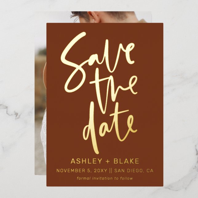 Terracotta Handwritten Script Photo Save The Date  (Front/Back)