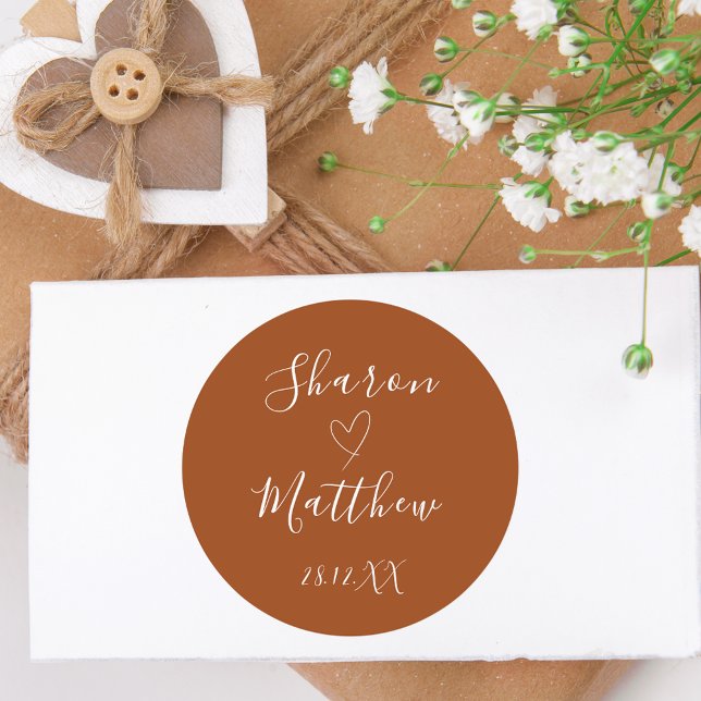 Terracotta Handwritten Script Wedding Gift Favour Classic Round Sticker (Elegant wedding sticker adds timeless sophistication to beautifully wrapped favors.)