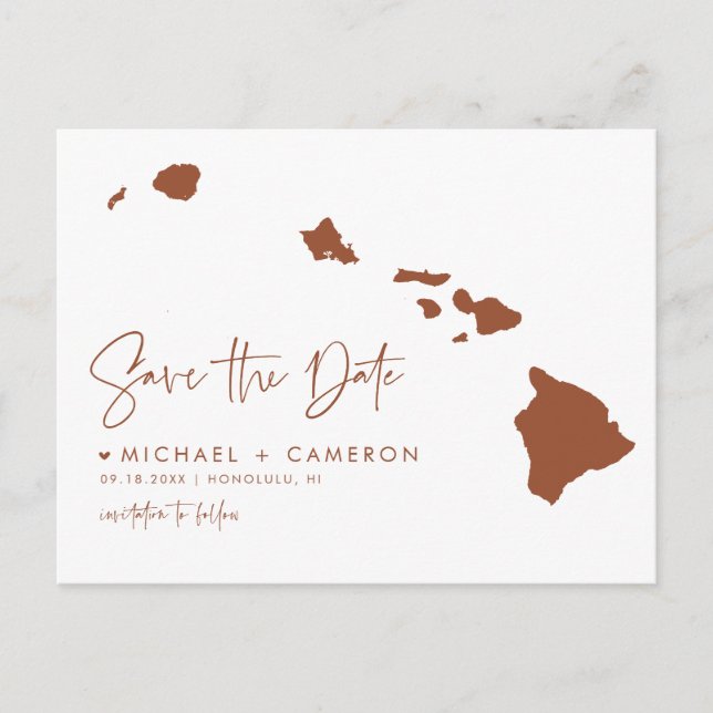 Terracotta Hawaii Map Modern Script Save the Date Announcement Postcard (Front)
